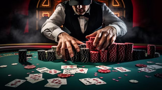 Blackjack table with dealer and player cards